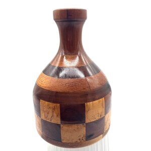 Handcrafted Wooden Decorative Vase from Kaneohe Hawaii W/ Checkered Pattern 11"H